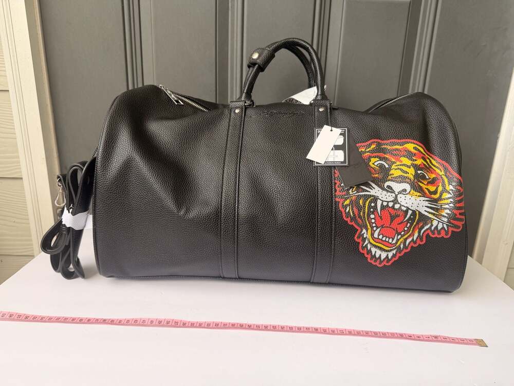 Ed Hardy Roaring Tiger Black Faux Leather Duffle Weekend Travel Bag